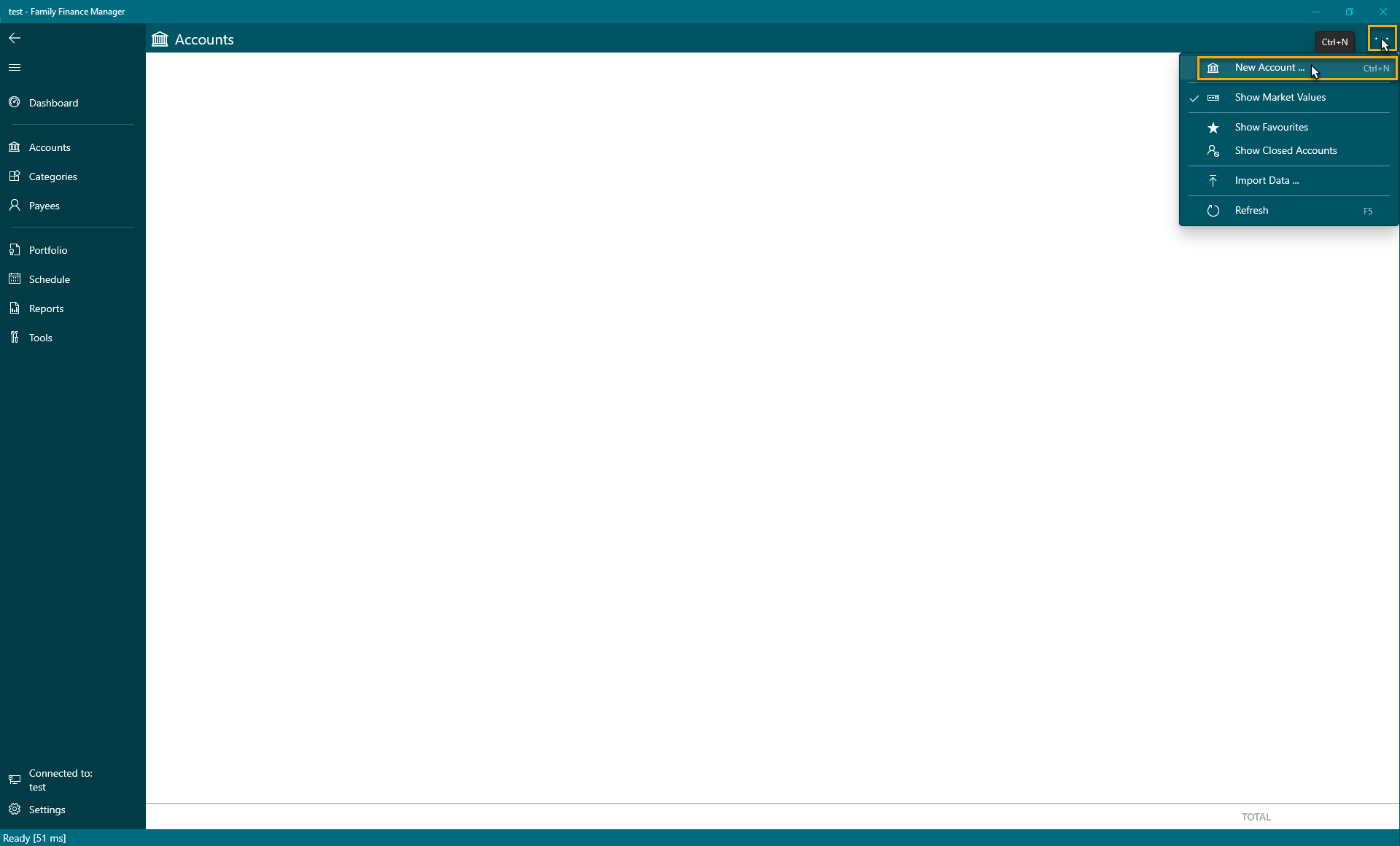 Select New Account menu option