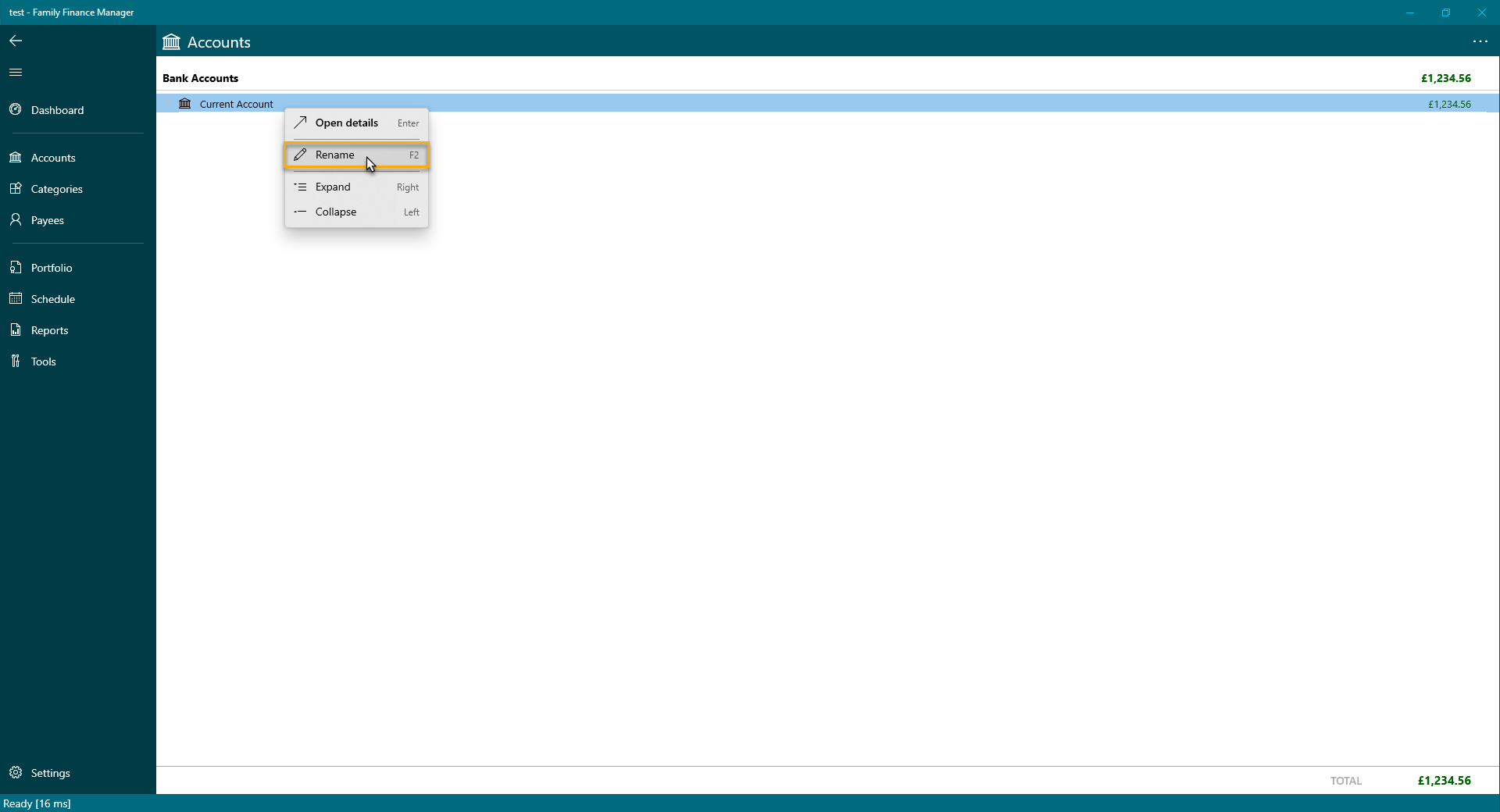 Select Rename Account context menu option